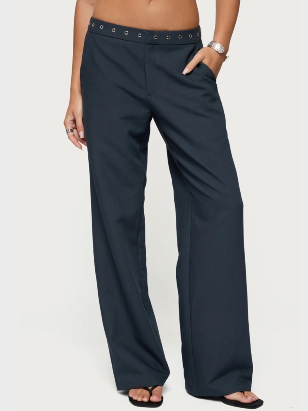 🆕 Edikted - Ayve Eyelet Waist Straight Leg Pants - Dark Grey - M